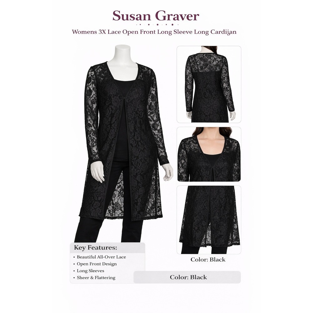 Susan Graver Womens 3X Lace Open Front Long‎ Sleeve Cardigan Black A270303 NWT